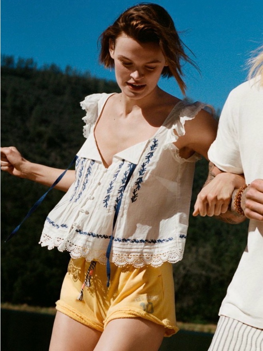 Maeve Flutter-Sleeve Pintuck Top